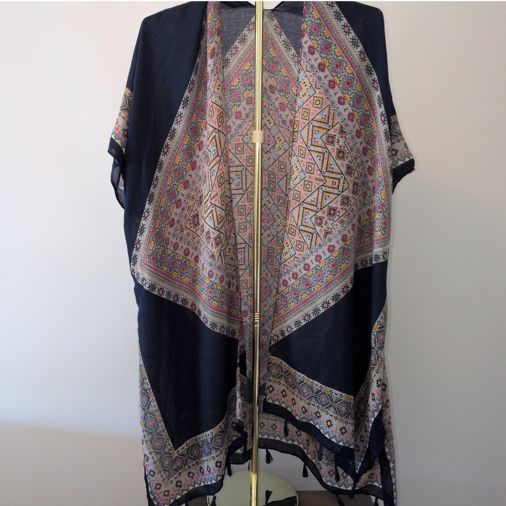 Alona Kimono Wrap Women One Size Navy Blue Geometric Tribal Print Tassel Trim